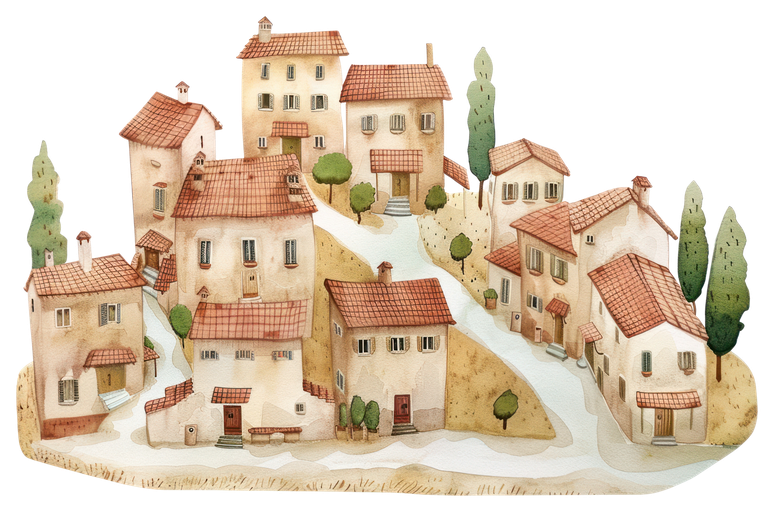 Charming Watercolor Village Scene with Terracotta Roofs