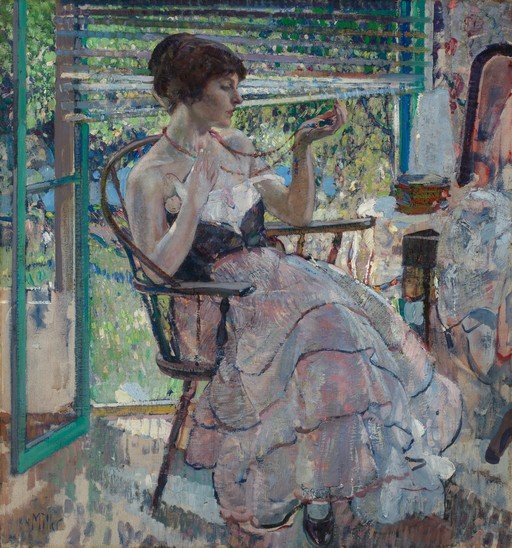 Woman in a Ruffled Dress Admiring a Necklace