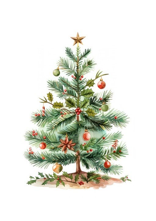 Watercolor Christmas Tree with Ornaments