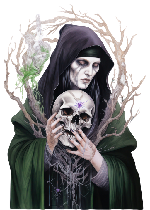 Gothic Woman in Hood Holding Skull Amidst Twisted Branches