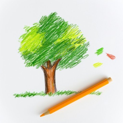 Child's Drawing of a Tree with Orange Pencil