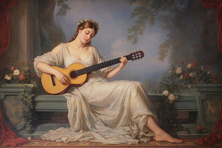 Woman Playing Guitar in Classical Setting