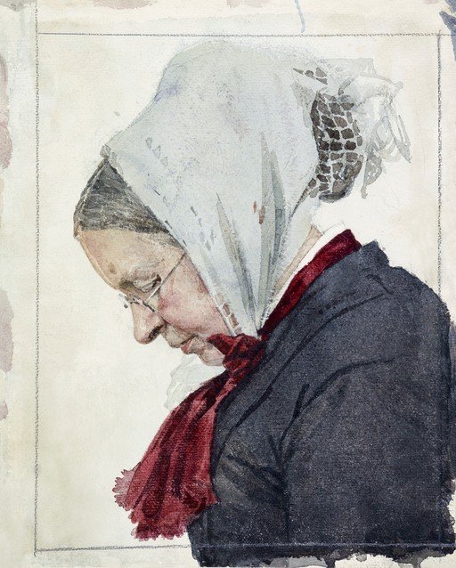Watercolor Portrait of an Elderly Woman in a Bonnet