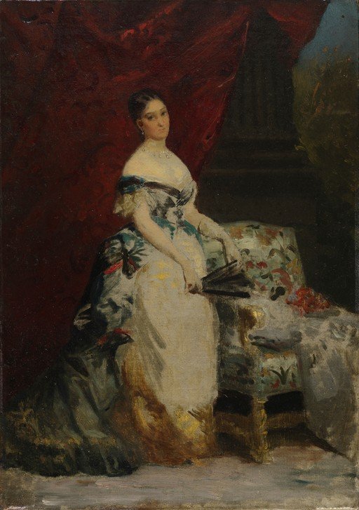 Elegant Woman in a Gown Holding a Fan