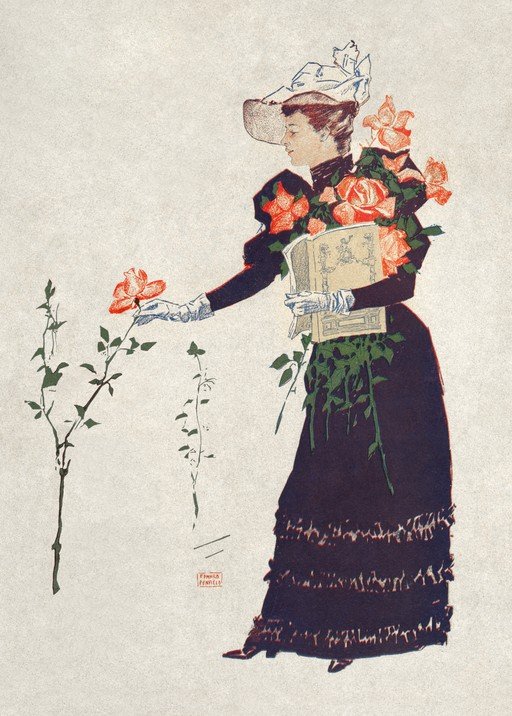 Art Nouveau Woman with Roses and Book