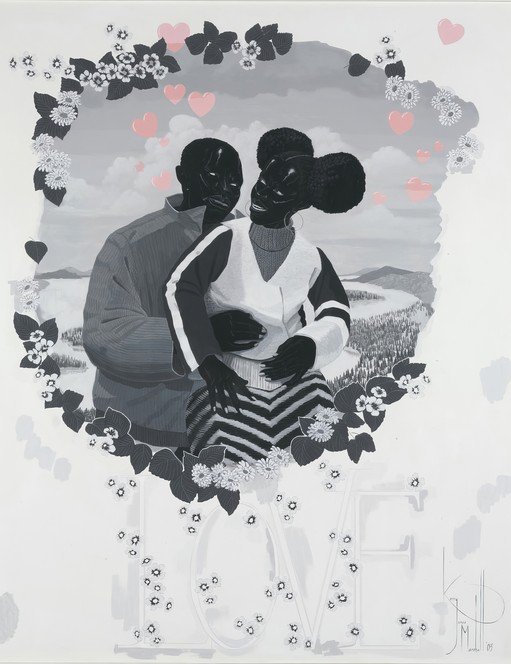Couple Embracing Amidst Floral Frame and 'LOVE' Text
