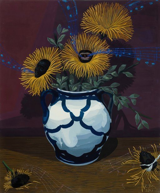 Surreal Still Life with Flowers, Faces, and Music Notes