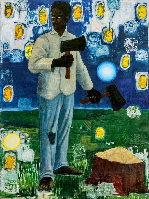 Man with Axes and Floating Faces