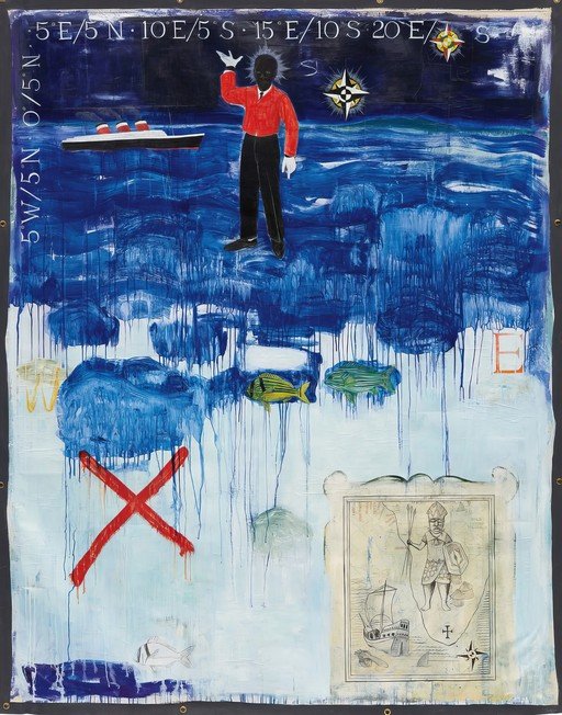 Nautical Art with Figure, Ship, and Map Elements