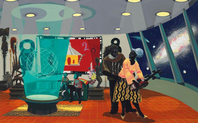 Afrofuturist Scene: Couple Gazes at Galaxy from Futuristic Room