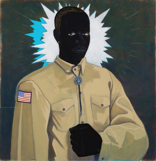 Portrait of a Black Man in a Tan Shirt with American Flag Patch