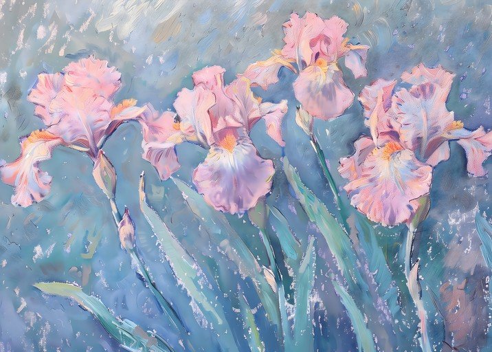 Impressionist Painting of Pink Irises in Blue Hues