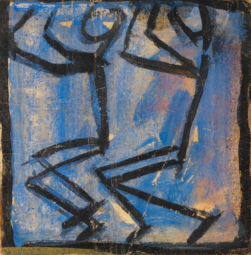Abstract figures dancing on a blue background