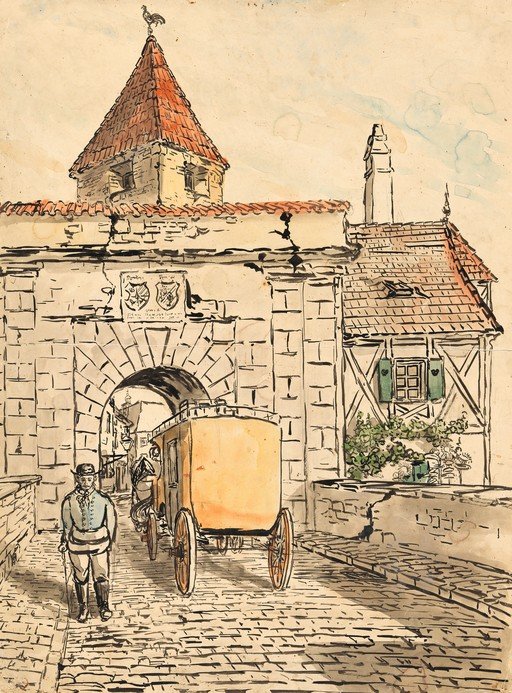 Watercolor painting of a historic European town gate with a carriage