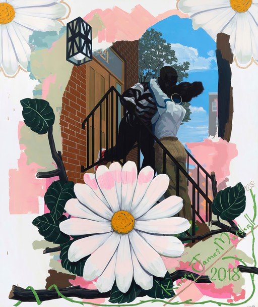 Couple Embraces on Steps Amidst Floral and Architectural Elements