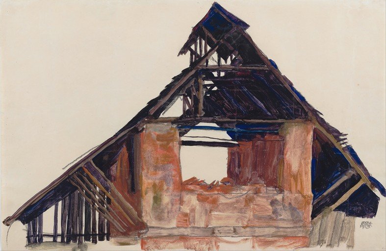 Painting of a Ruined Building with Exposed Roof Structure