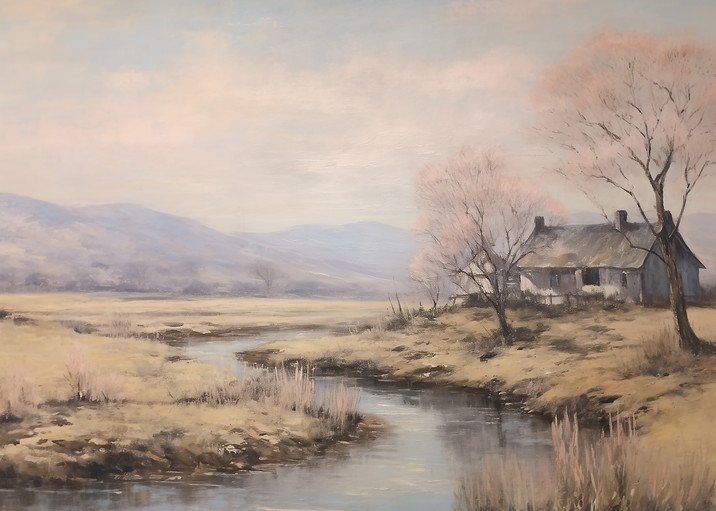 Pastoral Landscape Painting of a Cottage by a Stream