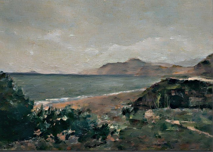Coastal Landscape Painting with Overcast Sky