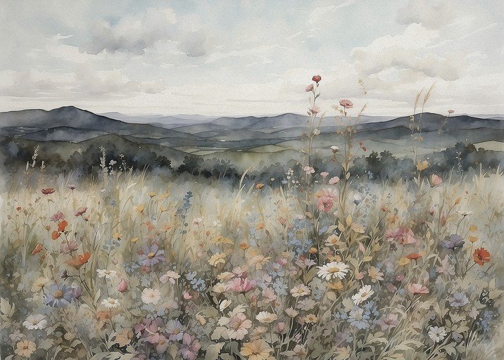 Watercolor Meadow Landscape with Wildflowers and Rolling Hills