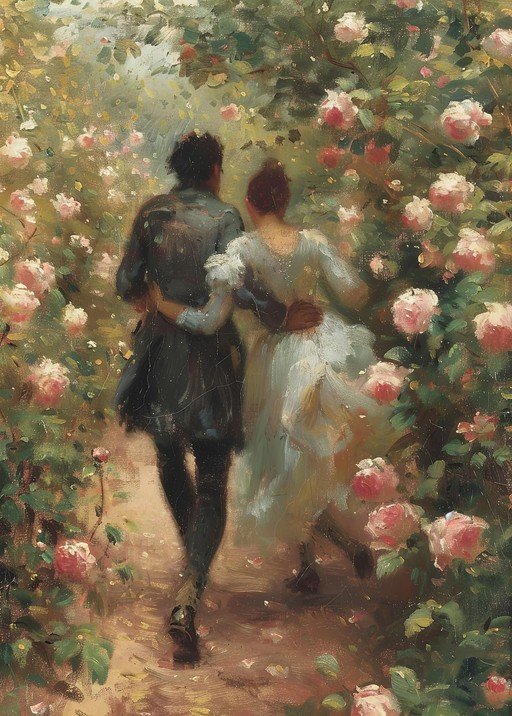 Couple Walking Through Rose Garden