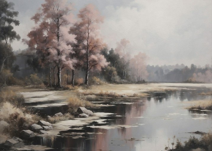 Misty Autumn Landscape Painting with Lake and Trees