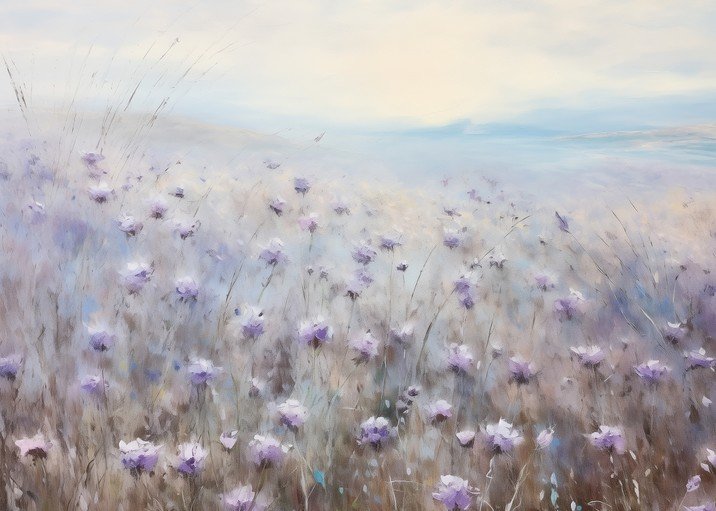Impressionistic Field of Purple Wildflowers Under a Soft Sky