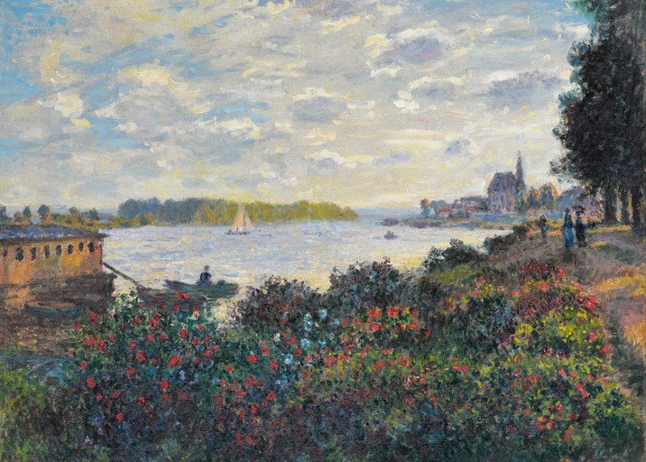 Impressionist River Scene with Sailboat and Flowers