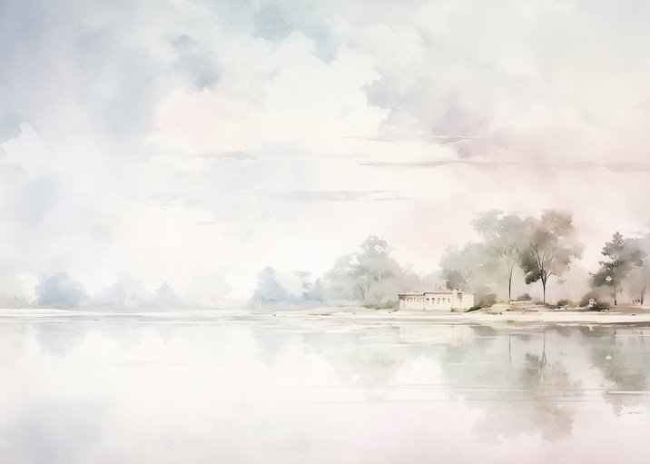 Serene Lakeside Landscape with Building and Trees