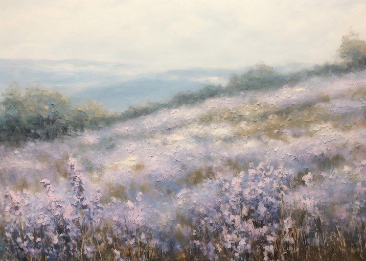 Impressionistic Field of Lavender Under a Hazy Sky