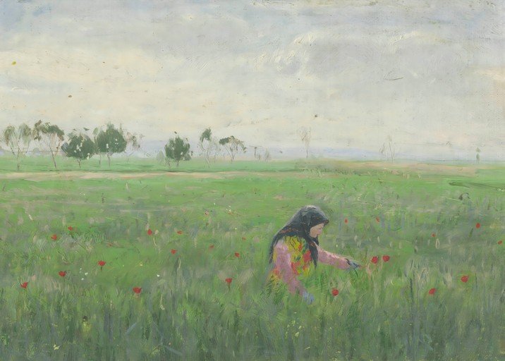 Woman Picking Poppies in a Field
