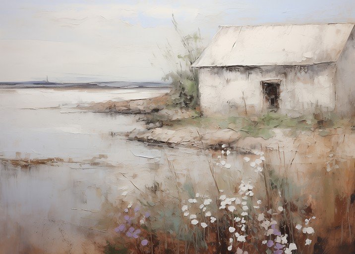 Serene Coastal Cottage Painting