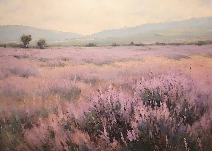 Impressionistic Lavender Field Under Hazy Skies