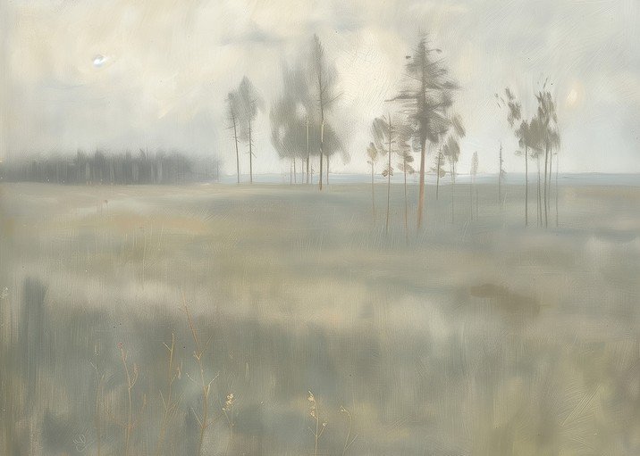 Misty Landscape Painting with Tall Trees