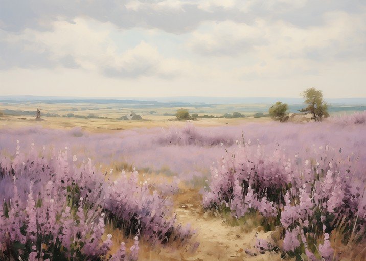 Lavender Field Landscape with Distant Structures
