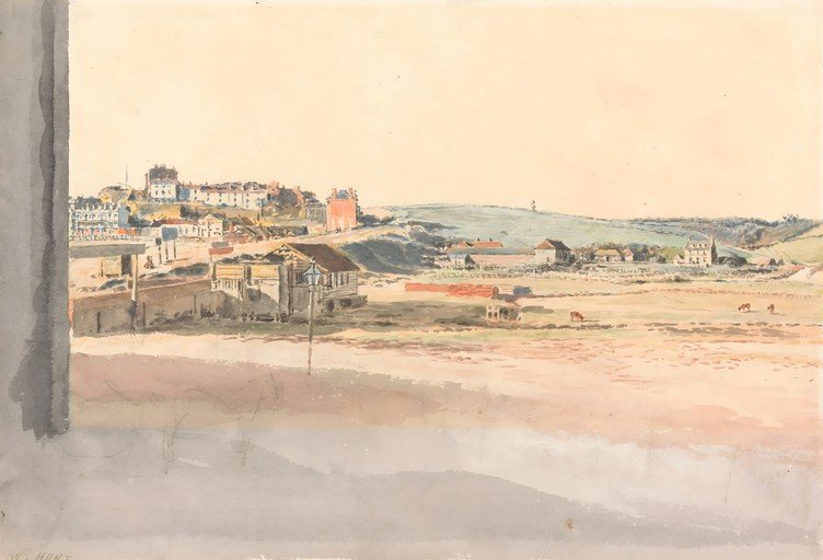 Watercolor Landscape of a Coastal Town and Rural Outskirts