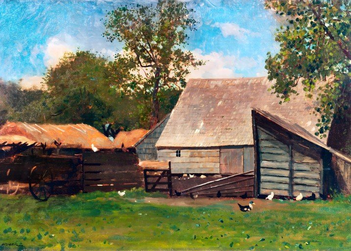 Farmyard Scene with Barn and Chickens