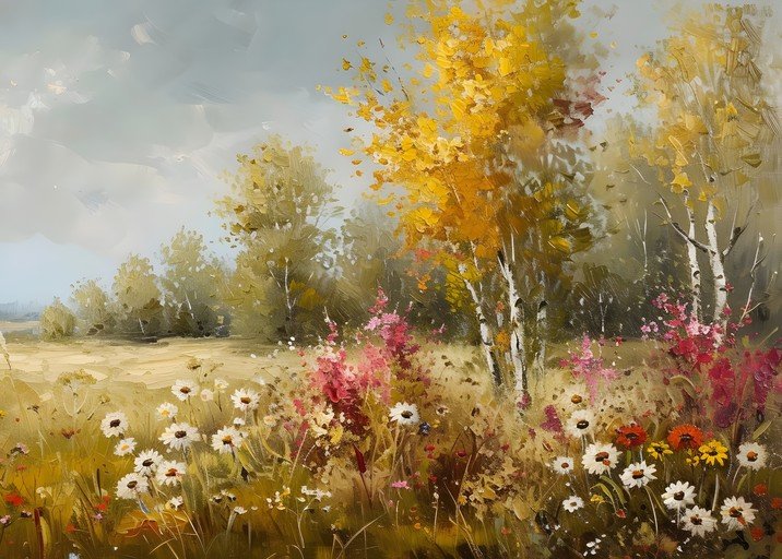 Autumn Meadow with Wildflowers and Birch Trees