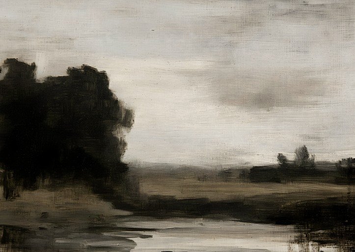 Moody Landscape Painting with Dark Trees and Water