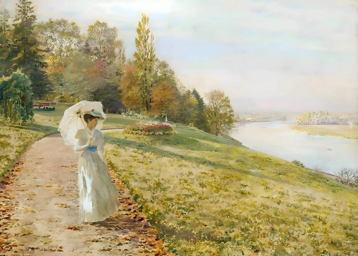 Woman with Umbrella in Autumn Park by River