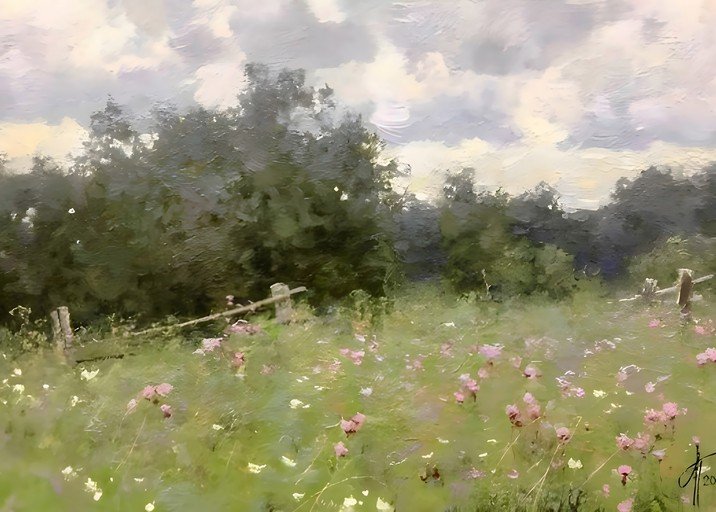Impressionist Field of Wildflowers Under Cloudy Sky
