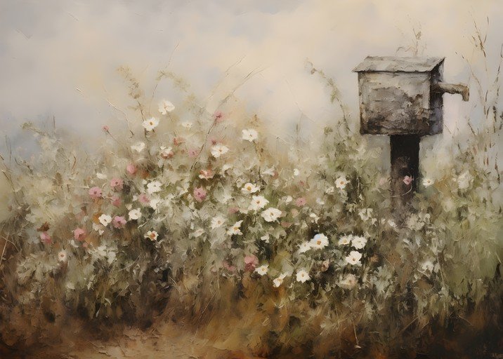 Rustic Birdhouse in a Field of Wildflowers