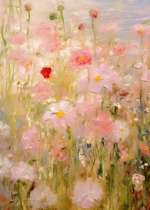 Impressionist Field of Pink and Red Poppies