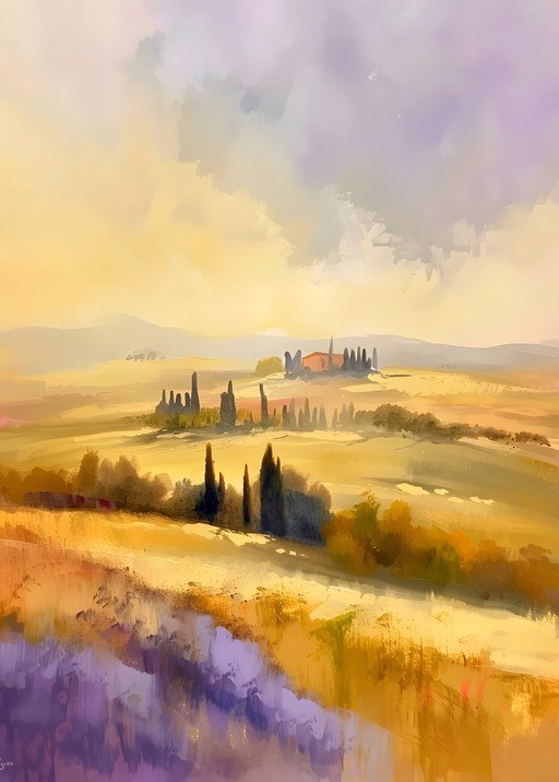 Tuscan Landscape Painting with Cypress Trees and Farmhouse