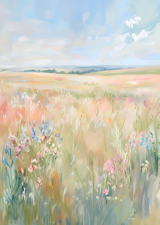 Impressionistic Meadow with Wildflowers and Soft Sky