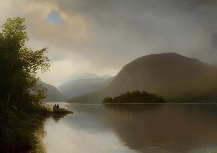 Serene Lake Landscape with Rowboat and Mountains
