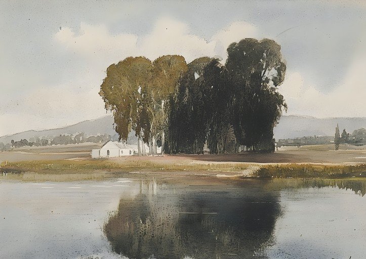 Watercolor Landscape with Trees and White Building