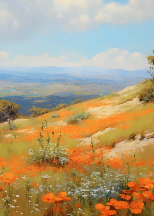Vibrant Poppy Field Overlooking a Hazy Valley