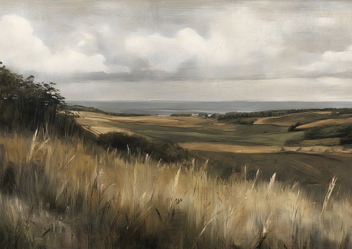 Pastoral Landscape with Golden Grasses and Distant Sea