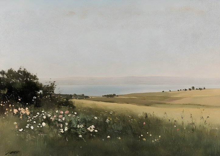 Pastoral Landscape with Wildflowers and Distant Sea
