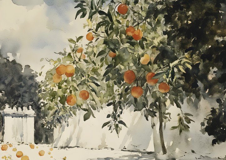 Watercolor painting of an orange tree laden with fruit